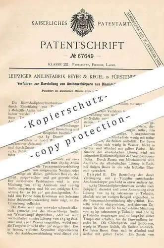 original Patent - Leipziger Anilinfabrik Beyer & Kegel , Fürstenberg 1890 , Amidoazokörper aus Diamidodiphenylmethanbase