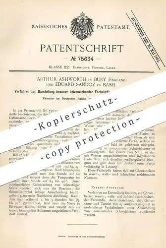 original Patent - Arthur Ashworth , Bury , England | Eduard Sandoz , Basel , Schweiz , 1893 , Beize , Lack , Farbe !!!