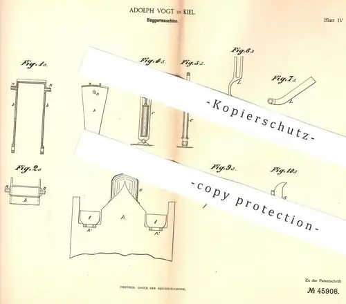 original Patent - Adolph Vogt , Kiel , 1887 , Bagger - Maschine | Kettenbagger | Wasserbau , Tiefbau | Baggern !!