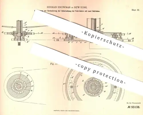 original Patent - Herman Snowman , New York , 1896 , Übersetzung am Fahrrad mit 2 Getrieben | Fahrräder | Tretkurbel !!!