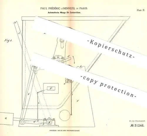 original Patent - Paul Frédéric d' Hennezel , Paris , Frankreich  1884 , Waage für Zuckerrüben | Rüben , Zucker | Waagen