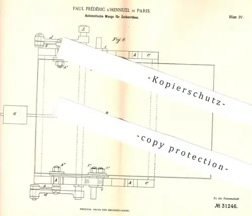 original Patent - Paul Frédéric d' Hennezel , Paris , Frankreich  1884 , Waage für Zuckerrüben | Rüben , Zucker | Waagen