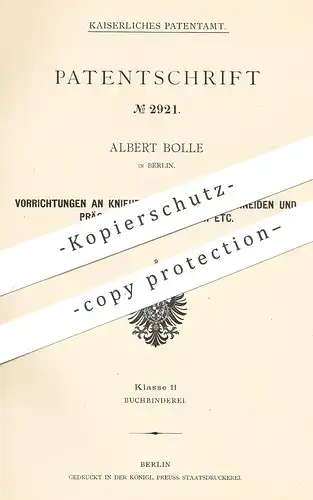 original Patent - Albert Bolle , Berlin , 1878 , Kniehebelpresse zum Schneiden u. Prägen von Papier , Leder | Presse !!!