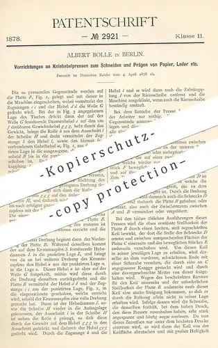 original Patent - Albert Bolle , Berlin , 1878 , Kniehebelpresse zum Schneiden u. Prägen von Papier , Leder | Presse !!!