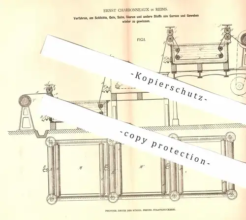 original Patent - Ernst Charbonneaux , Reims , 1878 , Wiedergewinnung von Öl , Salz u. Säure aus Garn u. Gewebe !!!