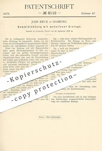 original Patent - John Rieck , Hamburg , 1878 , Gummidichtung mit Metall - Einlage | Dichtung aus Gummi | Maschinen !!!