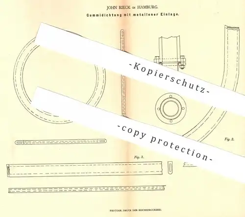 original Patent - John Rieck , Hamburg , 1878 , Gummidichtung mit Metall - Einlage | Dichtung aus Gummi | Maschinen !!!