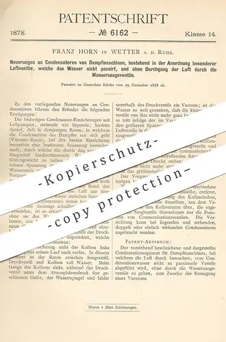 original Patent - Franz Horn , Wetter / Ruhr , 1878 , Kondensator an Dampfmaschine | Dampfmaschinen | Motor , Motoren !!