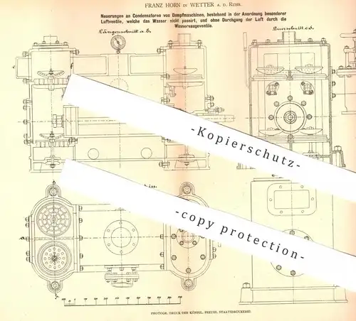 original Patent - Franz Horn , Wetter / Ruhr , 1878 , Kondensator an Dampfmaschine | Dampfmaschinen | Motor , Motoren !!