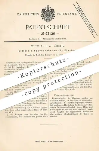 original Patent - Otto Arlt , Görlitz , 1896 , Celluloid - Resonanzboden für Klavier | Piano , Flügel | Musikinstrument