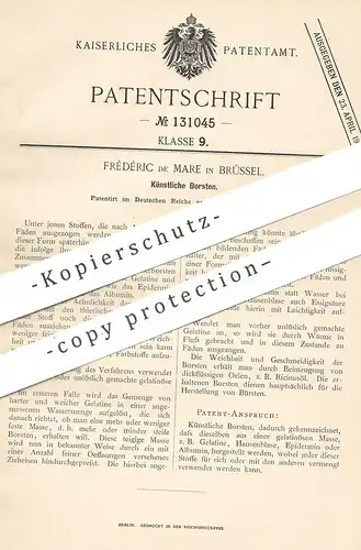 original Patent - Frédéric de Mare , Brüssel , 1901 , Künstliche Borsten | Bürsten | Gelatine , Epidermin , Albumin !!!