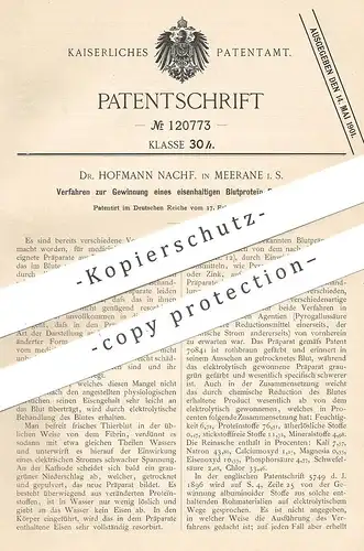 original Patent - Dr. Hofmann Nachf. , Meerane 1900 , Gewinnung von eisenhaltigem Blutprotëin | Blut - Protein | Medizin