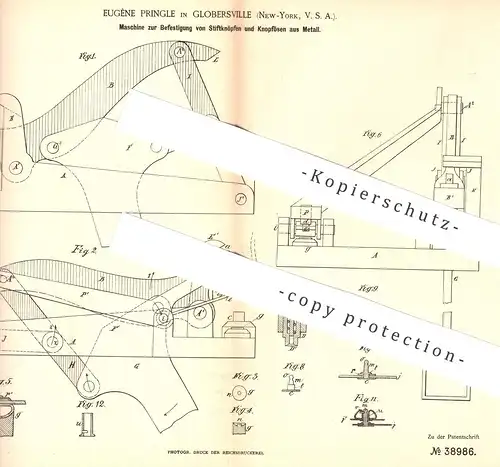 original Patent - Eugène Pringle , Globersville , New York , USA , 1886 , Befestigung der Metall - Knöpfe | Knopf !!!