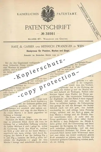 original Patent - Rast & Gasser , Heinrich Zwanziger , Wien , Österreich 1886 , Handpresse für Plomben , Marken , Siegel