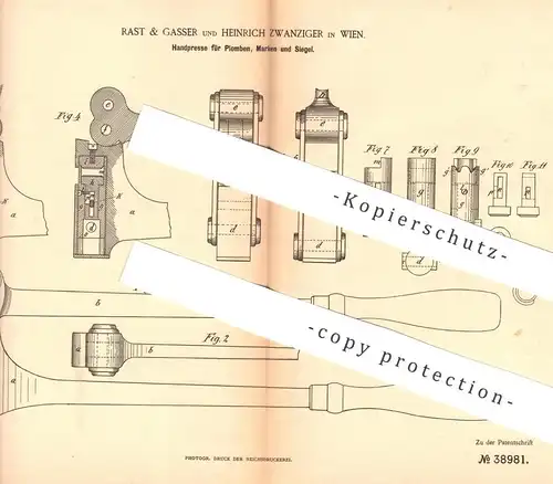 original Patent - Rast & Gasser , Heinrich Zwanziger , Wien , Österreich 1886 , Handpresse für Plomben , Marken , Siegel