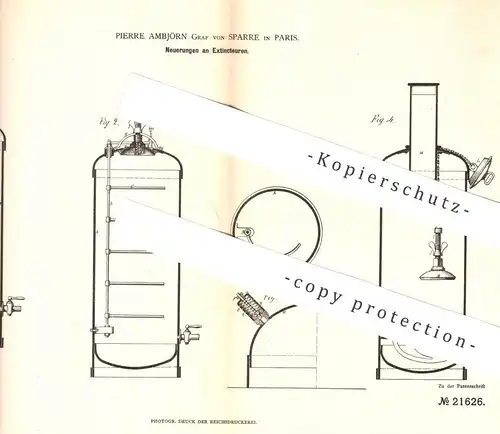 original Patent - Pierre Ambjörn Graf von Sparre , Paris , Frankreich , 1882 , Extincteur | Feuerlöscher , Löschmittel