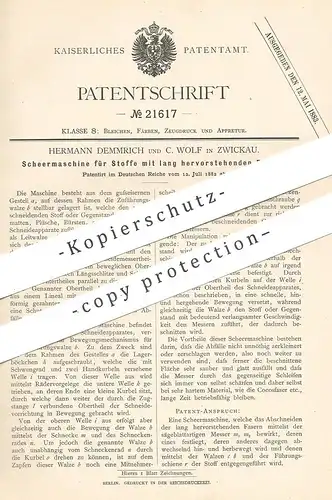 original Patent - Hermann Demmrich , C. Wolf , Zwickau , 1882 , Schermaschine für Stoffe mit langen Fasern | Scheren