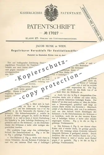 original Patent - Jacob Munk , Wien , Österreich , 1881 , Regulierbarer Verschluss für Ventilationsöffnung | Ventilator