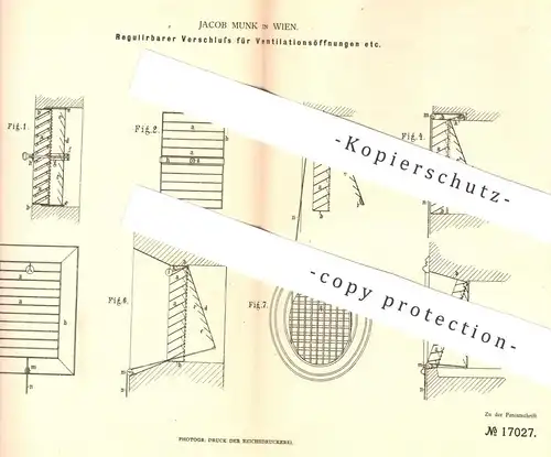 original Patent - Jacob Munk , Wien , Österreich , 1881 , Regulierbarer Verschluss für Ventilationsöffnung | Ventilator