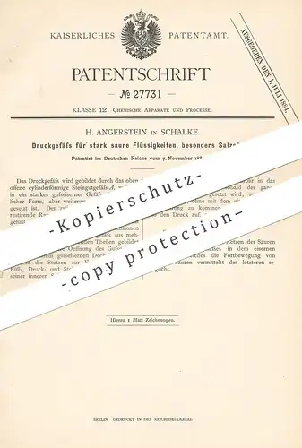 original Patent - H. Angerstein , Schalke , 1883 | Druckgefäß f. Salzsäure , Säure | Steingut Gefäß | Chemie | Gusseisen