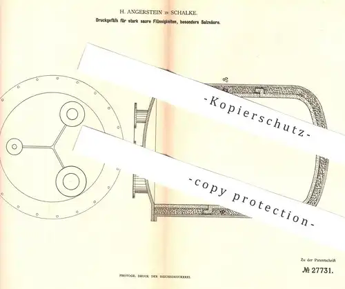 original Patent - H. Angerstein , Schalke , 1883 | Druckgefäß f. Salzsäure , Säure | Steingut Gefäß | Chemie | Gusseisen