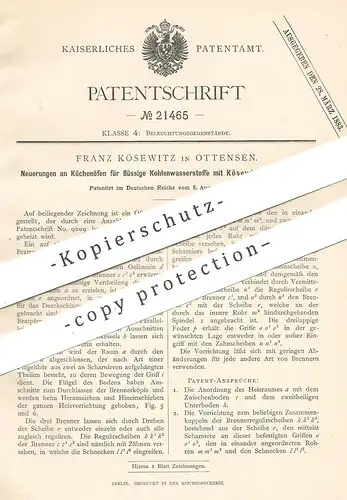 original Patent - Franz Kösewitz , Ottensen / Hamburg 1882 , Küchenofen für flüssiges Kohlenwasserstoff | Brenner , Ofen