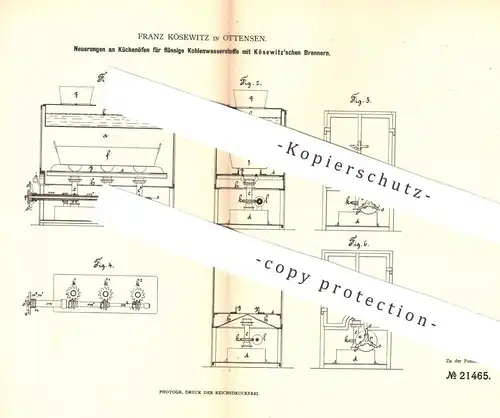 original Patent - Franz Kösewitz , Ottensen / Hamburg 1882 , Küchenofen für flüssiges Kohlenwasserstoff | Brenner , Ofen