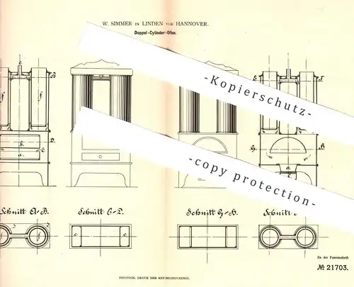 original Patent - W. Simmer , Linden / Hannover , 1881 , Doppelzylinder - Ofen | Öfen , Ofenbauer | Heizung , Feuerung !