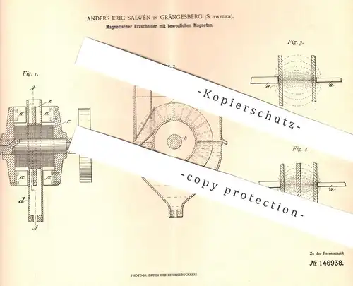 original Patent - Anders Eric Salwén , Grängesberg , Schweden , 1901 , Erzscheider mit beweglichem Magnet | Erz , Erze !