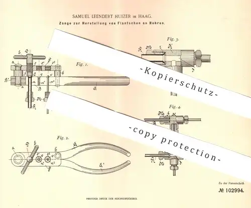 original Patent - Samuel Leendert Huizer , Haag , 1898 , Zange zur Herstellung von Rohr - Flantsch | Rohre , Zangen !!