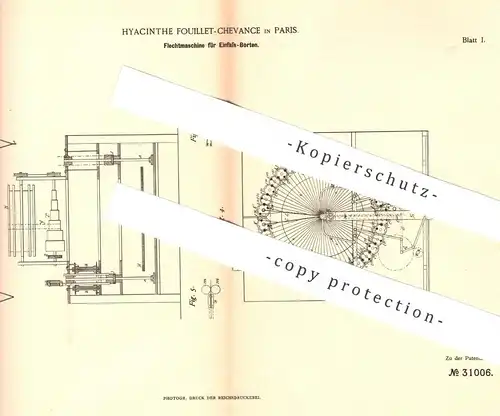 original Patent - Hyacinthe Fouillet Chevance , Paris , Frankreich 1884 , Flechtmaschine für Einlass - Borten | Flechten