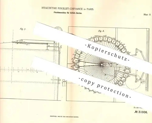 original Patent - Hyacinthe Fouillet Chevance , Paris , Frankreich 1884 , Flechtmaschine für Einlass - Borten | Flechten