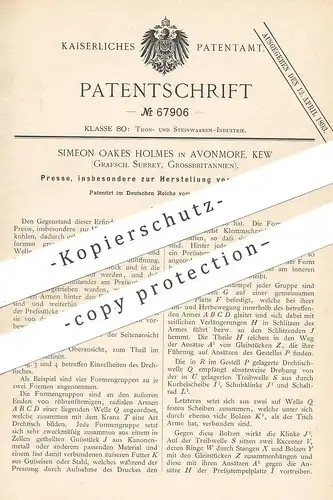 original Patent - Simeon Oakes Holmes , Avonmore , Kew , Surrey , England , 1892 , Presse für Presskohlen | Pressen !!!