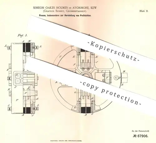 original Patent - Simeon Oakes Holmes , Avonmore , Kew , Surrey , England , 1892 , Presse für Presskohlen | Pressen !!!