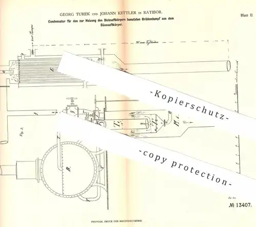 original Patent - Georg Turek , Johann Kettler , Ratibor , 1880 , Kondensator | Zuckerfabrik , Zucker , Heizung !!