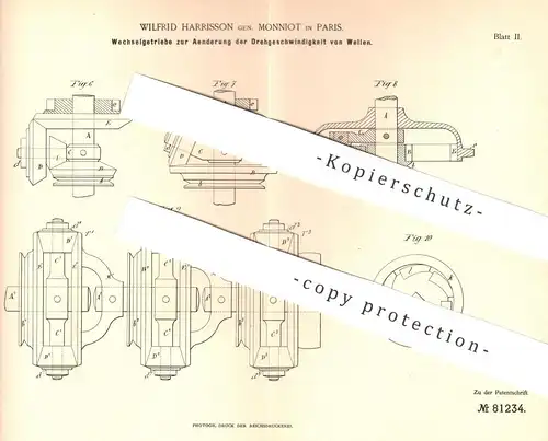 original Patent - Wilfrid Harrisson gen. Monniot , Paris , Frankreich , 1894 , Wechselgetriebe | Getriebe | Motor !!!