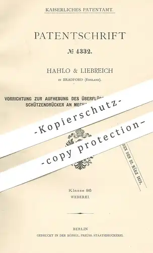 original Patent - Hahlo & Liebreich , Bradford , England , 1878 , Schützendrücker am mechan. Webstuhl | Weber , Weben !