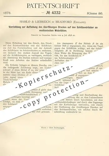 original Patent - Hahlo & Liebreich , Bradford , England , 1878 , Schützendrücker am mechan. Webstuhl | Weber , Weben !