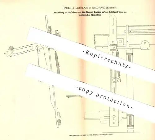 original Patent - Hahlo & Liebreich , Bradford , England , 1878 , Schützendrücker am mechan. Webstuhl | Weber , Weben !