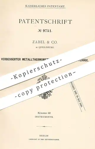 original Patent - Zabel & Co. , Quedlinburg , 1878 , Metallthermometer mit kurzer Schaftlänge | Thermometer | Pyrometer