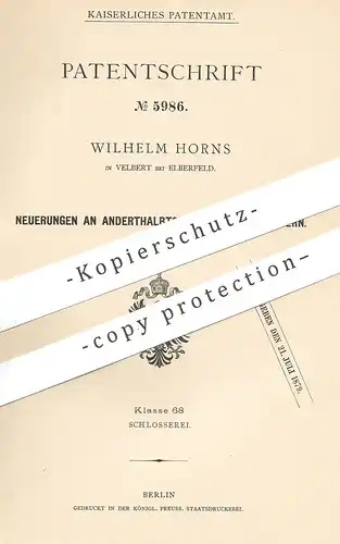 original Patent - Wilhelm Horns , Velbert / Elberfeld , 1878 , anderthalbtourige Türschlösser | Türschloss | Tür Schloss