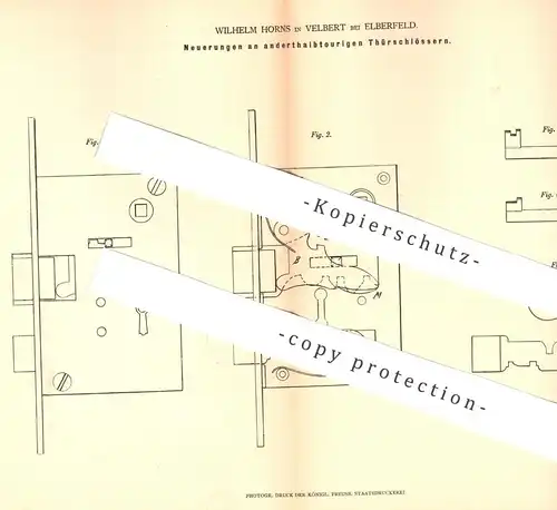 original Patent - Wilhelm Horns , Velbert / Elberfeld , 1878 , anderthalbtourige Türschlösser | Türschloss | Tür Schloss