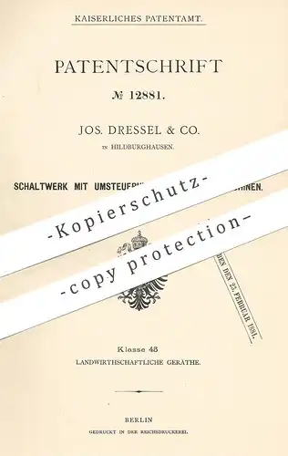 original Patent - Jos. Dressel & Co. , Hildburghausen , 1880 , Schaltwerk mit Umstellung für Häckselmaschinen !!!