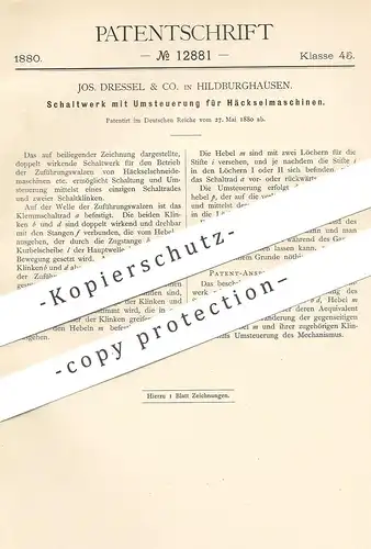 original Patent - Jos. Dressel & Co. , Hildburghausen , 1880 , Schaltwerk mit Umstellung für Häckselmaschinen !!!