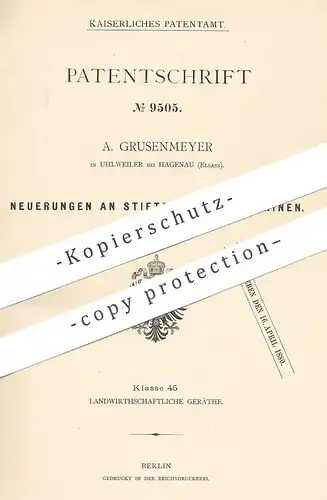 original Patent - A. Grusenmeyer , Uhlweiler / Hagenau / Elsass , 1879 , Stiften - Dreschmaschine | Stroh , Drescher !!!