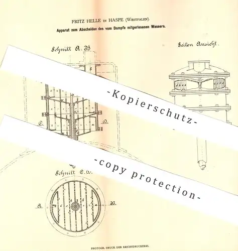 original Patent - Fritz Helle , Haspe / Westf. | 1879 | Wasserabscheider | Dampf , Wasser , Abscheider | Dampfkessel !!!