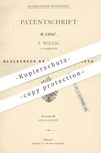 original Patent - F. Willig , Warmbrunn , 1880 , Türschloss | Türschlösser , Tür , Schloss | Schlosser , Schlosserei !!