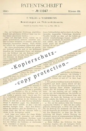 original Patent - F. Willig , Warmbrunn , 1880 , Türschloss | Türschlösser , Tür , Schloss | Schlosser , Schlosserei !!