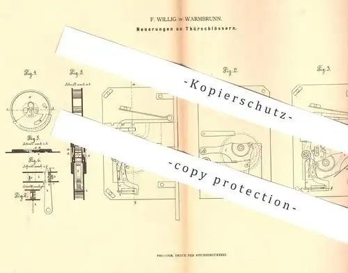 original Patent - F. Willig , Warmbrunn , 1880 , Türschloss | Türschlösser , Tür , Schloss | Schlosser , Schlosserei !!