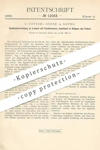 original Patent - C. Vötter Söhne , Gotha , 1880 , Auslöschvorrichtung an Lampen mit Flachbrenner | Brenner , Lampe !!!